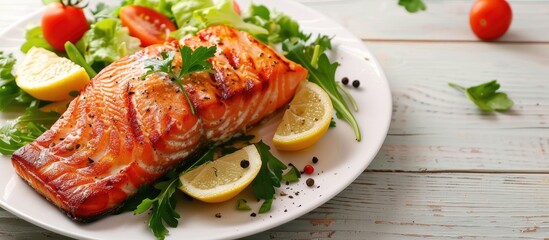 Aufkleber - Salmon dish with salad and lemon garnish on a white wooden backdrop perfect for a copy space image