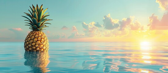 Aufkleber - A pineapple is getting ready for a swim in a vibrant blue ocean with a beautiful sunset reflected in the water providing a tranquil copy space image