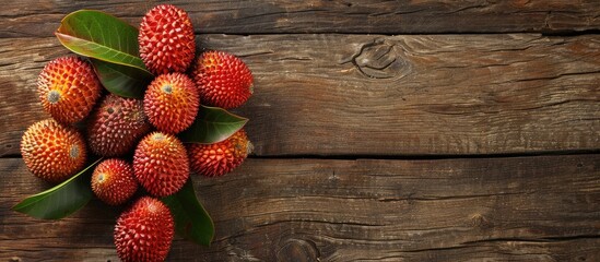 Fototapete - Close up of fresh ripe salak fruits on a wooden table with copy space image available