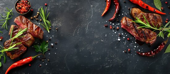 Aufkleber - Beef steak with a flavorful blend of chili pepper oil garlic rosemary and herbs on a stone background in a banner view with copy space image