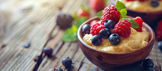 Poster - Semolina pudding topped with fresh berries displayed on a wooden surface ideal for a copy space image