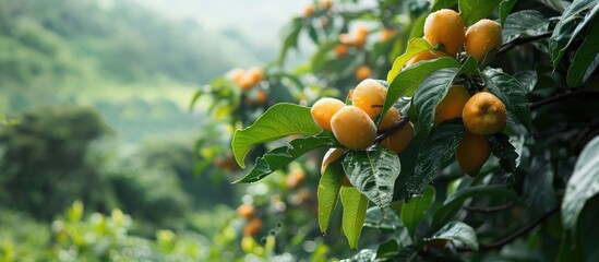 Leinwandbilder - Lush green trees with loquat fruits ripening providing a serene backdrop in the orchard setting with a copy space image