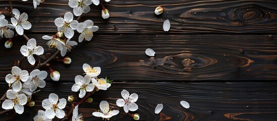 Wall Mural - Top view of white cherry blossoms set against a dark wooden backdrop with copy space image