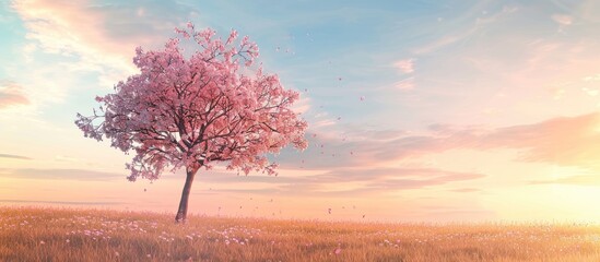 Poster - In spring a tree showing off pink blossom with a serene beauty against a backdrop of a clear blue sky in a nature themed copy space image