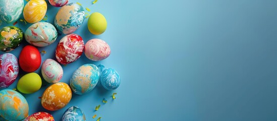 Leinwandbilder - Colorful Easter eggs resembling Earth on a blue paper backdrop with copy space image for an Easter message Easter theme with top down view and space for text