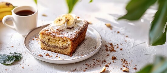 Fototapete - Enjoying a delectable slice of banana cake in the morning a delightful treat with a cup of coffee against a bright background with copy space image
