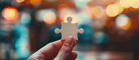 Poster - Close up shot of a hand holding a blank jigsaw puzzle piece with a blurred background ideal for a copy space image