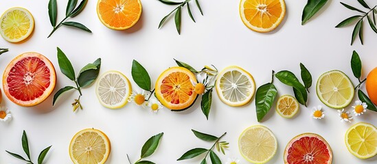 Wall Mural - High quality image of a flat lay arrangement featuring citrus fruits leaves and flowers on a white background with space for inclusion of text or additional elements