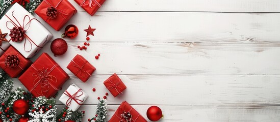 Poster - A festive flat lay border featuring Christmas presents in red boxes arranged on a white wooden table with a blurred background for a copy space image