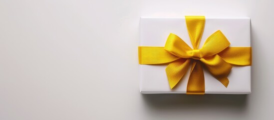Aufkleber - White gift box with a sunny yellow ribbon and bow on a blank background great for placing text or graphics beside it suitable for a copy space image
