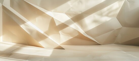 Aufkleber - Abstract folded paper with sharp sunlight shadows featuring geometric patterns and lines creates a minimalist backdrop for a flat lay composition with ample copy space image