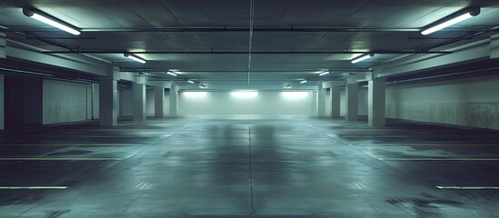 Poster - Underground department store parking with spotlight display on wall offering a blank space for images. with copy space image. Place for adding text or design