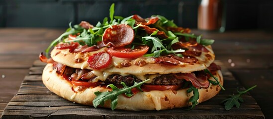 Aufkleber - A cheese pizza burger filled with tomatoes bacon pepperoni salami and arugula displayed in a copy space image