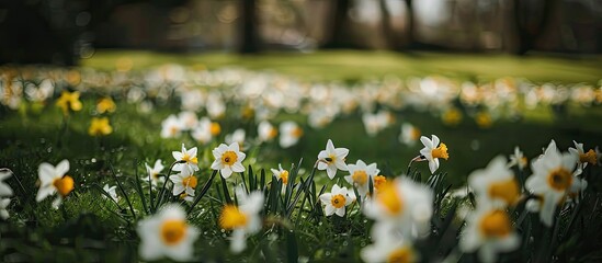 Aufkleber - Daffodils scattered in the park featuring a white and yellow color palette and providing copy space image