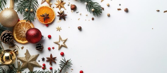 Poster - Top view image of Christmas flat lay decoration with pine star orange glitter ball and nuts on white background featuring copy space image