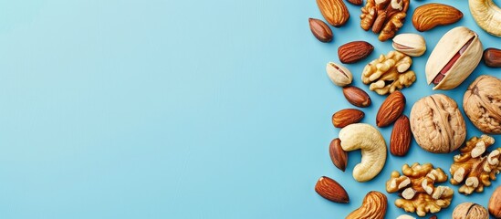 Aufkleber - A variety of tasty nuts on a bright blue backdrop top down view Room for adding text within the copy space image
