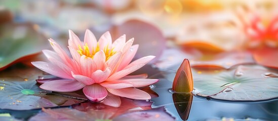 Poster - A stunning pink lotus with copy space image set against a backdrop of pink lotus flowers and a yellow lotus bud in a serene pond