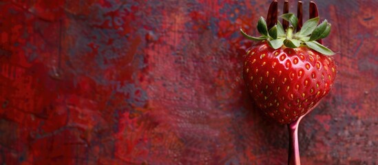 Poster - A strawberry resting on a crimson fork in a copy space image