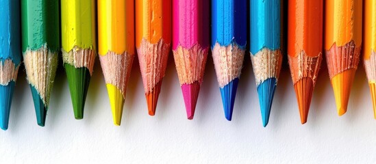 Aufkleber - Colorful pencils with a variety of hues displayed on a white background in a close up copy space image