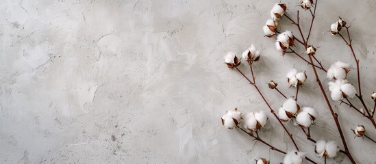 Poster - A cotton flower branch is showcased on a soft grey wall from above creating a mockup with copy space image for plant decor in the corner of photos