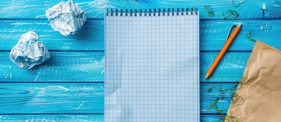 Aufkleber - Blue paper with a blank notebook page ideal for business with copy space image