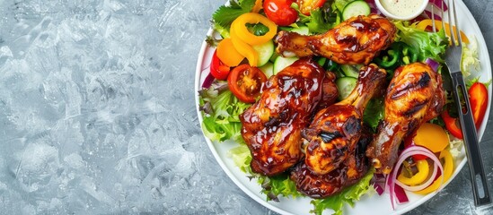 Aufkleber - Top view of a delicious snack featuring grilled chicken legs in barbecue sauce roasted vegetables and mixed vegetable salad on a white plate set on a light stone table Ample copy space for images