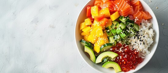Poster - Top view of ingredients for poke bowl including rice salmon assorted vegetables fruits like avocado and mango sesame seeds and soy sauce in a copy space image