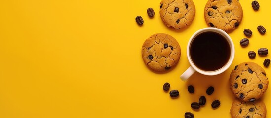 Fototapete - Top down view of coffee with tasty cookies on a yellow backdrop with empty space for text or graphics. with copy space image. Place for adding text or design