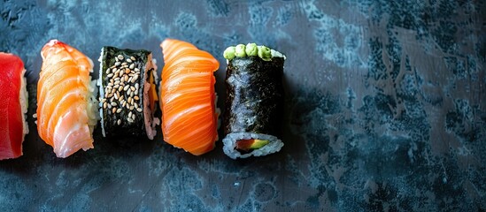 Fototapete - A variety of sushi rolls featuring salmon trout tuna tobiko caviar and nori set on a table with a view from the top offering a healthy and organic meal option with copy space for text