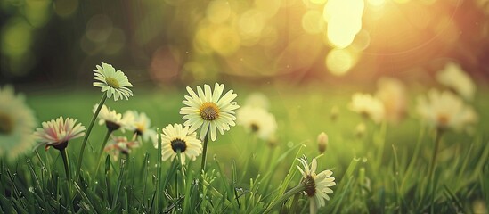 Leinwandbilder - Artistic retro edit of beautiful spring daisies in a green grass lawn with selective focus ideal for a copy space image
