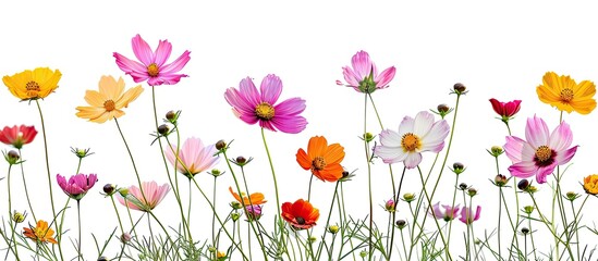 Leinwandbilder - Vivid cosmos flowers with green stems bloom in a meadow offering a beautiful and colorful display against a white backdrop perfect for a copy space image
