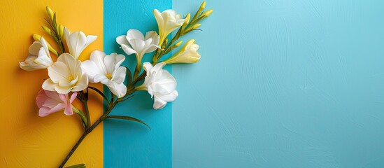 Aufkleber - Top view of white freesia flower with copy space image on colorful background
