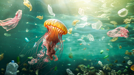 Jellyfish floating in water surrounded by garbage, plastic bags, Plastic pollution