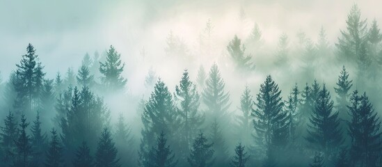 Poster - A foggy morning in the pine forest with a beautiful copy space image