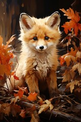 Wall Mural - Cute red fox with a large bouquet of fallen leaves. fall, generative IA