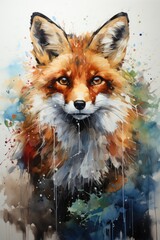 Wall Mural - Fox Portrait designing painting spots in watercolor, generative IA