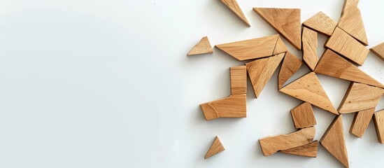 Wall Mural - tangram puzzle made of wood arranged as a falling man on a white background conveying the concept of