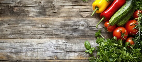 Aufkleber - freshly harvested vegetables and herbs from farm on wooden table with copy space image