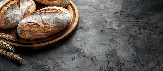 Poster - Homemade bread displayed on wooden plate with copy space image on black background