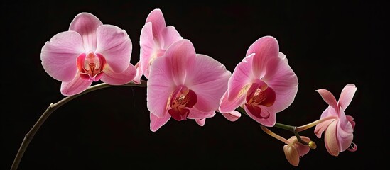 Poster - Close up view of a pink Moth orchid from the Orchidaceae family set against a black backdrop with a clipping path for copy space image