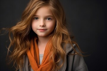 Poster - portrait of a beautiful little girl in a gray jacket and orange scarf