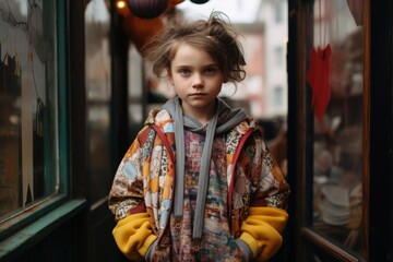 Wall Mural - Portrait of a cute little girl in a yellow jacket with a backpack on the street.