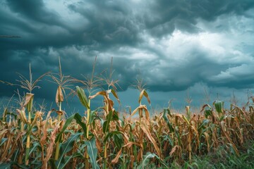 a vast cornfield under a sky filled with dark, ominous clouds, a sense of urgency and impending chan