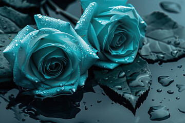 Wall Mural - Beautiful Bright Teal Colored rose flowers. roses on a mirror with a perfectly solid black background. macro photography roses with wide angle lens and high contrast