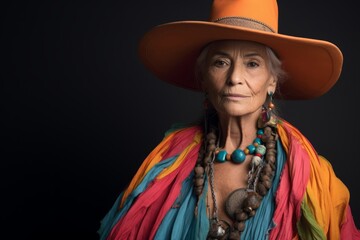 Poster - Portrait of an old hippie woman in hat on a black background