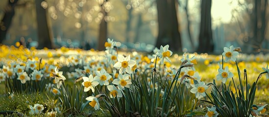 Aufkleber - Daffodils scattered in the park featuring a white and yellow color palette and providing copy space image