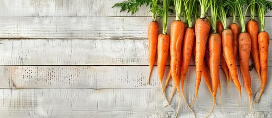 Poster - Fresh carrots arranged on a rustic white wood table with a blank space for an image. with copy space image. Place for adding text or design