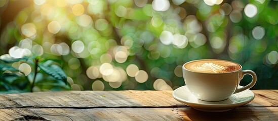 Wall Mural - Cappuccino cup on wooden surface with blurred nature background ideal for copy space image