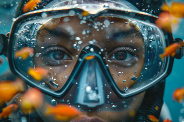 Canvas Print - Enchanting underwater world made with Generative AI technology, people exploring ocean sea swimming with fish