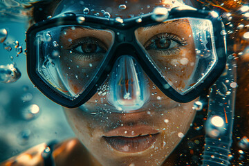 Sticker - Enchanting underwater world made with Generative AI technology, people exploring ocean sea swimming with fish